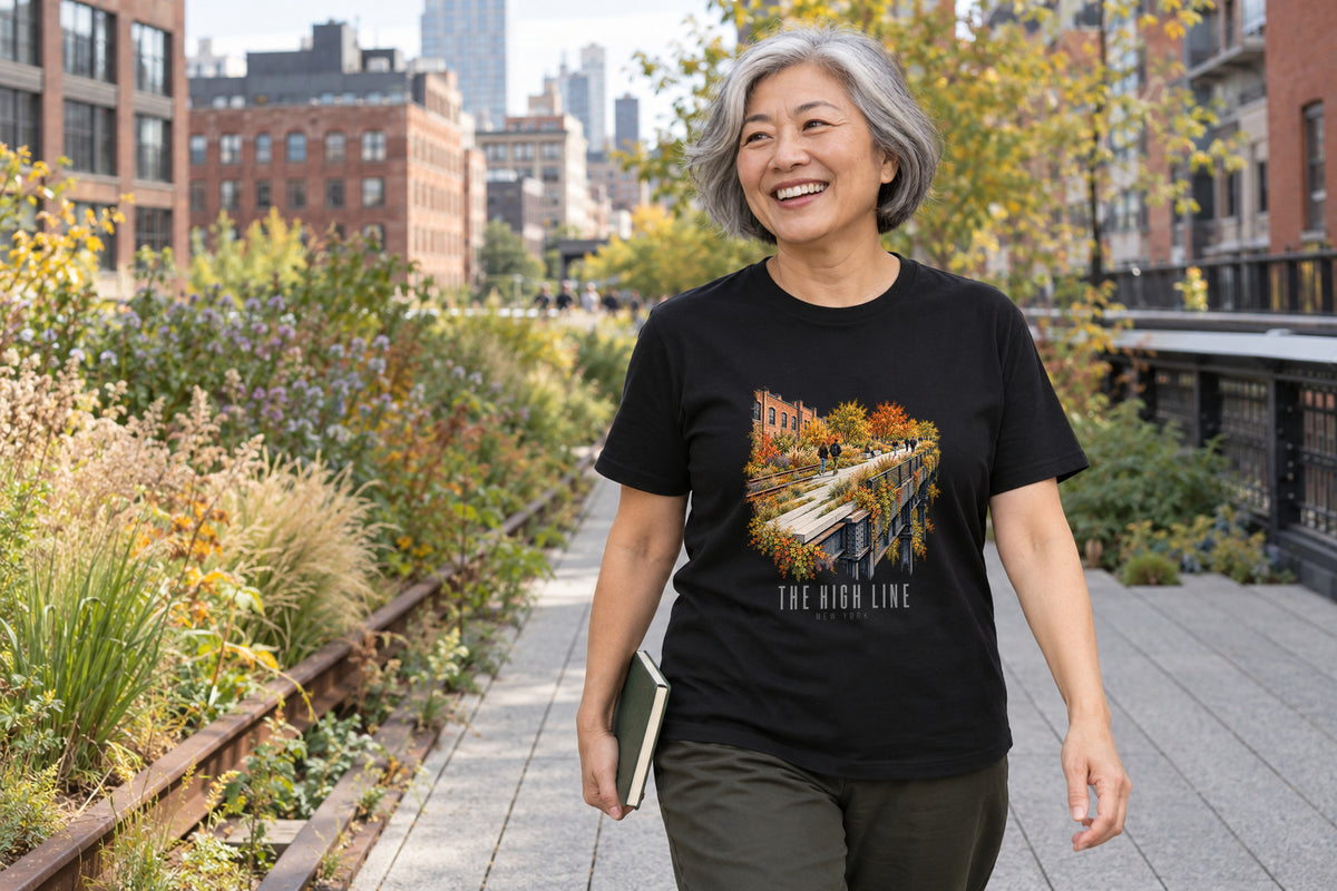 Illustrative lifestyle mockup of The High Line New York Urban Park T-Shirt on a black shirt in a generated outdoor scene.