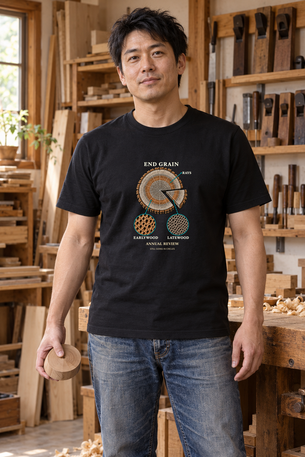 Illustrative lifestyle mockup of the End Grain Annual Review Woodworking T-Shirt on a black shirt in a generated scene.