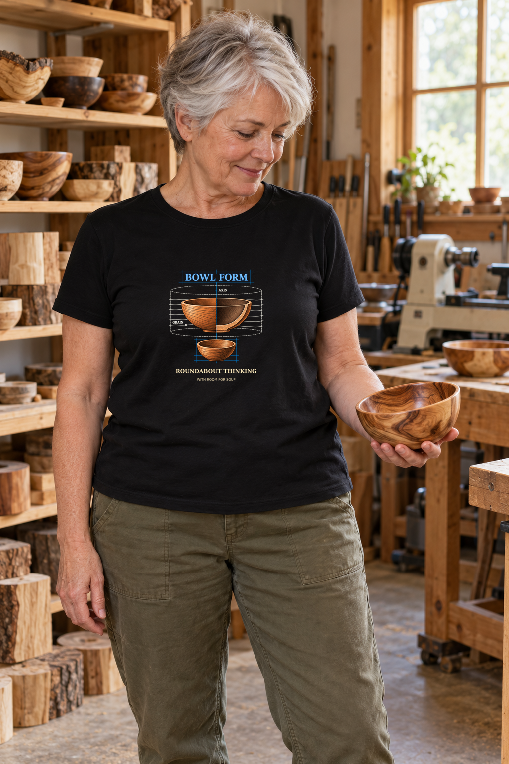 Illustrative lifestyle mockup of the Bowl Form Roundabout Thinking Woodturning T-Shirt on a black shirt in a generated scene.