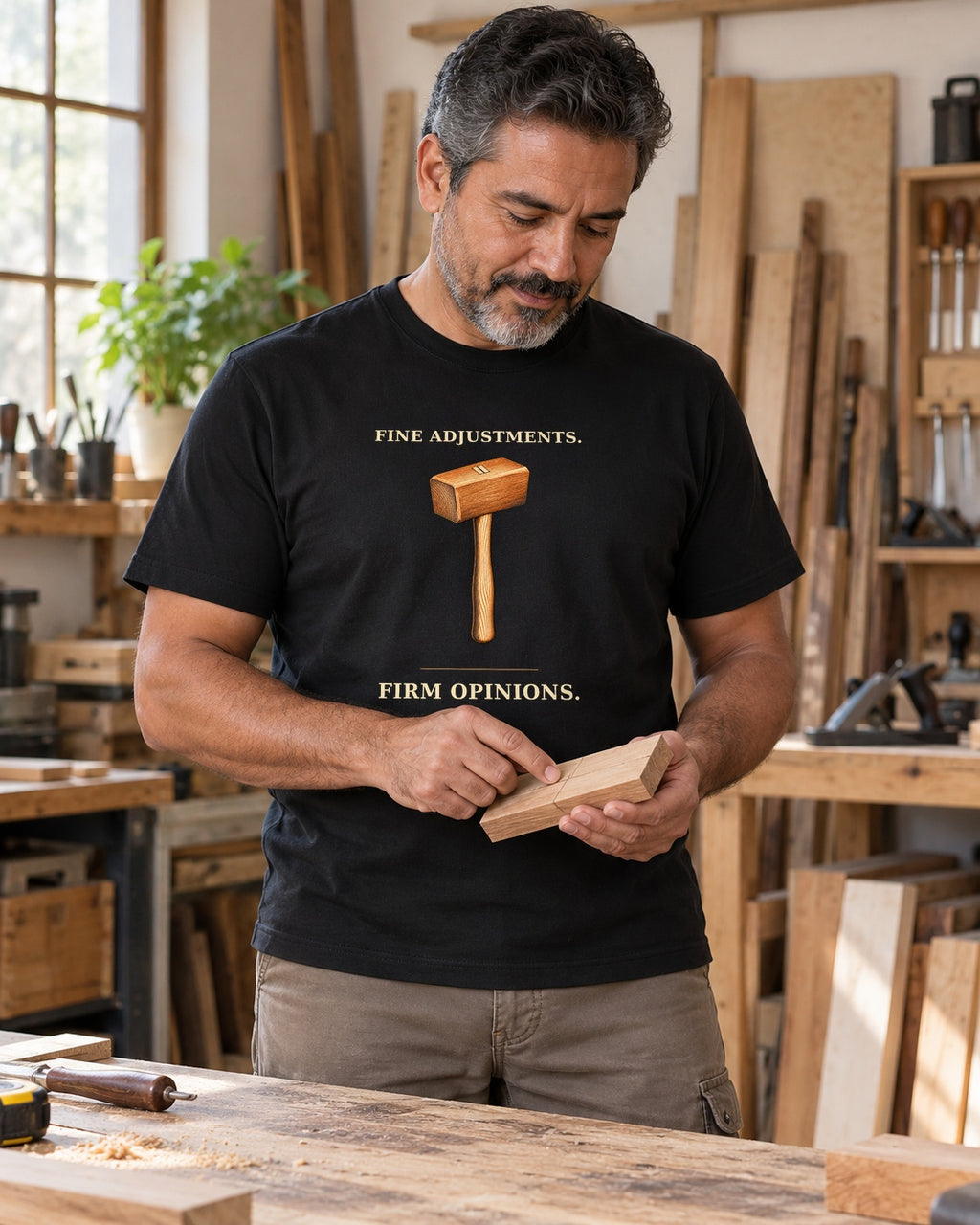 Illustrative lifestyle mockup of the Fine Adjustments Firm Opinions Woodworking Mallet T-Shirt on a black shirt in a generated scene.