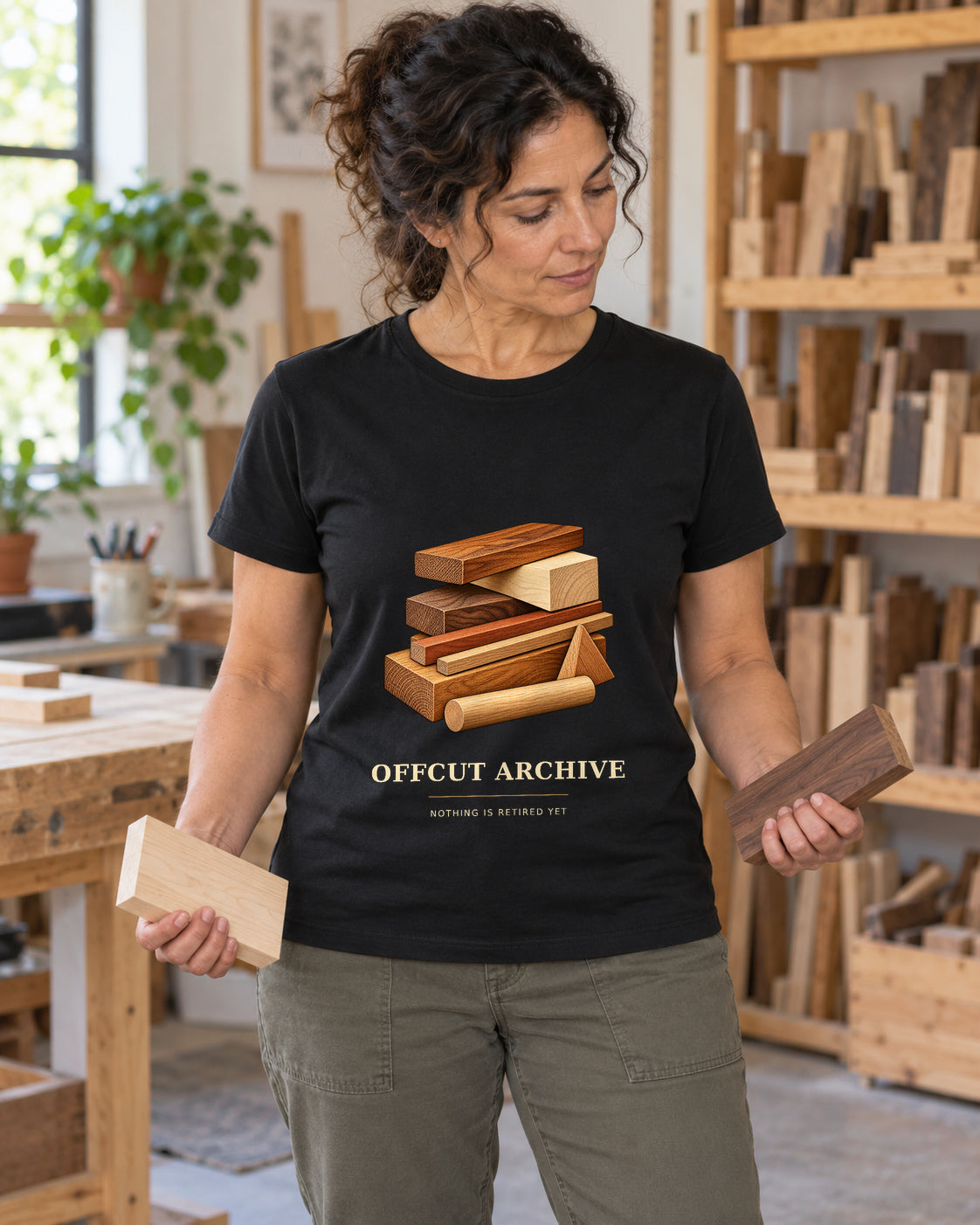 Illustrative lifestyle mockup of the Offcut Archive Woodworking Humor T-Shirt on a black shirt in a generated scene.