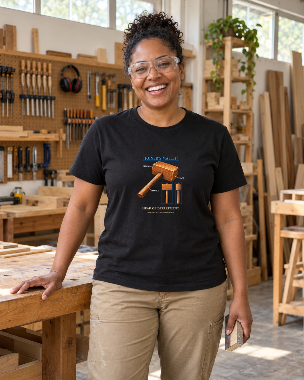 Illustrative lifestyle mockup of the black Joiner’s Mallet Head of Department T-shirt in a generated woodworking studio scene.