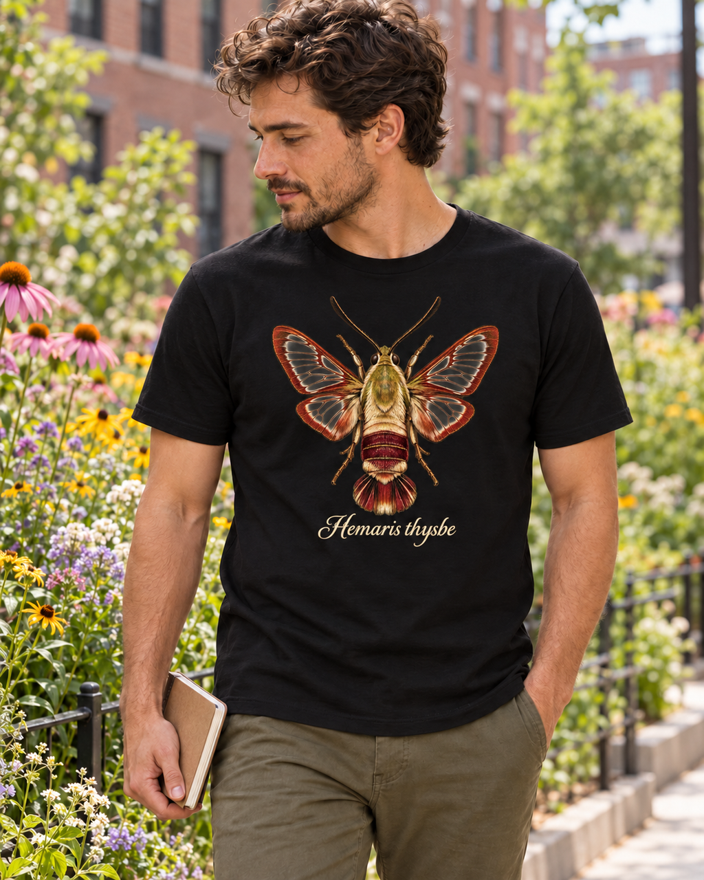 Lifestyle mockup of the Hummingbird Clearwing moth graphic T-shirt beside a pollinator garden