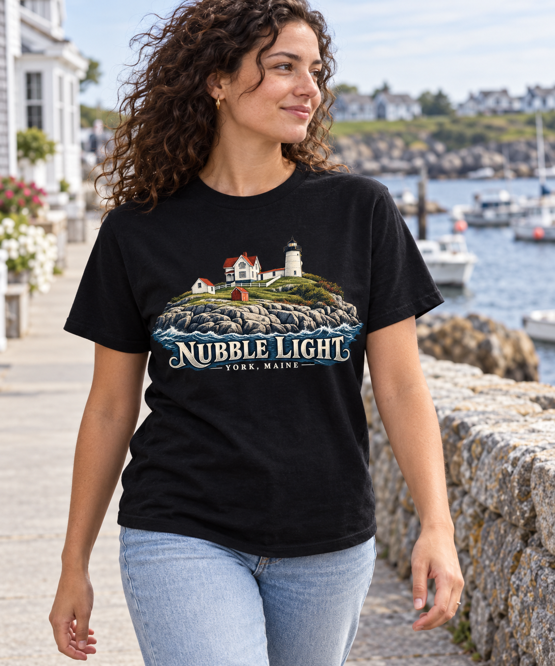 Lifestyle mockup of the Nubble Light graphic T-shirt on a coastal harbor walk