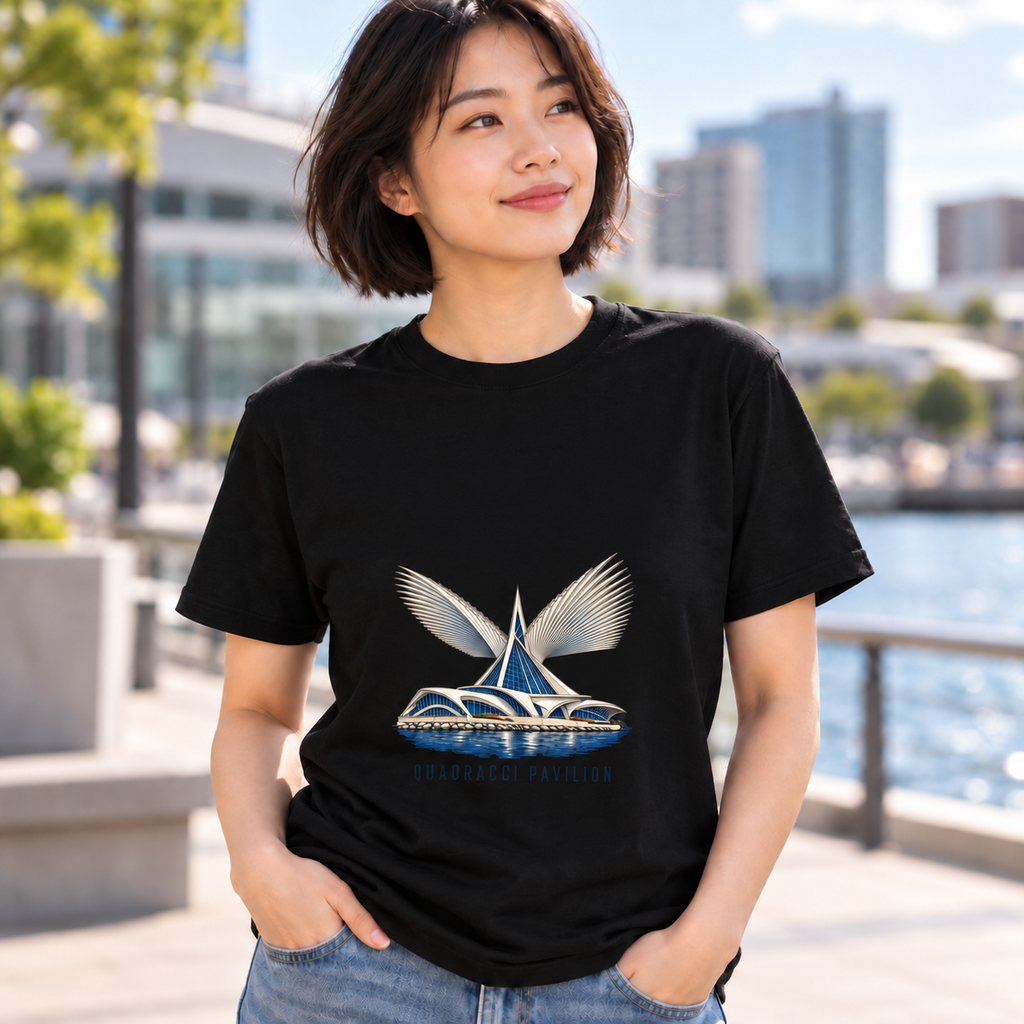 Lifestyle mockup of a black Quadracci Pavilion T-shirt with a modest centered graphic